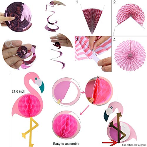 Flamingo party Honeycomb decoration, whirlpool decoration, Hanging Pink Paper Fans decoration set of 6,Glittering Birthday Banners Decorate The Hawaii Beach Party Birthday Baby Shower Decorations