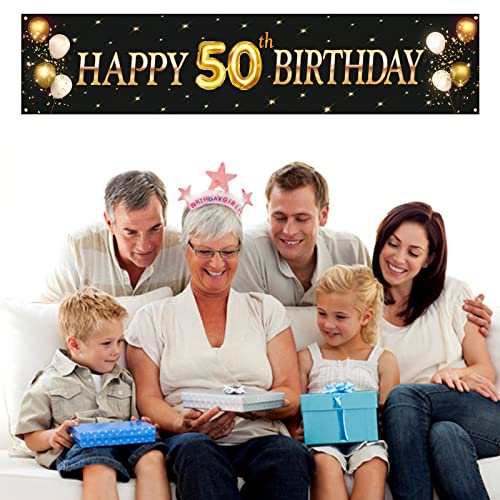 Kimini-Ki Happy 50th Birthday Banner, Lager 50th Birthday Banner Backdrops, 50th Years Old Decor, 50th Birthday Party Decorations for Men or Women - Black and Gold (50th)