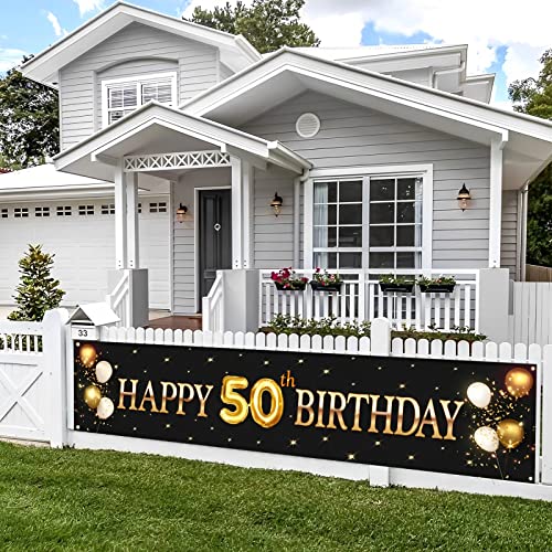 Kimini-Ki Happy 50th Birthday Banner, Lager 50th Birthday Banner Backdrops, 50th Years Old Decor, 50th Birthday Party Decorations for Men or Women - Black and Gold (50th)