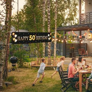 Kimini-Ki Happy 50th Birthday Banner, Lager 50th Birthday Banner Backdrops, 50th Years Old Decor, 50th Birthday Party Decorations for Men or Women - Black and Gold (50th)