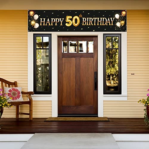 Kimini-Ki Happy 50th Birthday Banner, Lager 50th Birthday Banner Backdrops, 50th Years Old Decor, 50th Birthday Party Decorations for Men or Women - Black and Gold (50th)