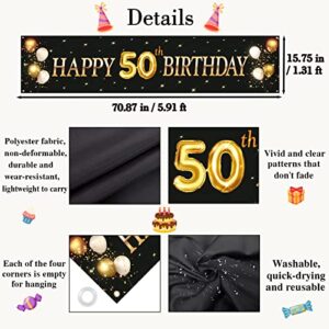 Kimini-Ki Happy 50th Birthday Banner, Lager 50th Birthday Banner Backdrops, 50th Years Old Decor, 50th Birthday Party Decorations for Men or Women - Black and Gold (50th)