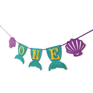 hongkai mermaid inspired 1st birthday banner decorations, handmade one banner, highchair banner party decoration one high chair sign baby first birthday decorations supplies