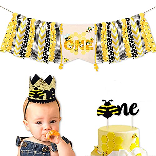 Baby 1st Birthday Party Decorations Supplies For Boy Girl Kids First Birthday Shower Bumble Bee With One Highchair Banner Crown Cake Topper Set of 3