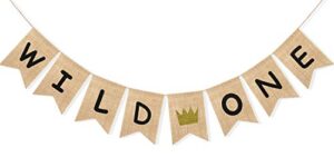 uniwish wild one banner boy girl 1st birthday party decorations, vintage rustic burlap bunting for baby first birthday sign with glitter crown
