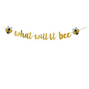 tennychaor what will it bee banner,baby shower glitter party decor,bumble bee theme gender reveal boy or girl party decoration.(gold)