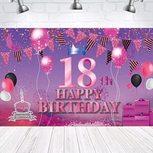 happy 18th birthday backdrop banner pink purple 18th sign poster 18 birthday party supplies for anniversary photo booth photography background birthday party decorations, 72.8 x 43.3 inch