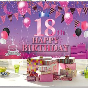 Happy 18th Birthday Backdrop Banner Pink Purple 18th Sign Poster 18 Birthday Party Supplies for Anniversary Photo Booth Photography Background Birthday Party Decorations, 72.8 x 43.3 Inch