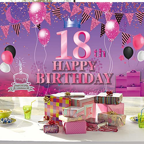 Happy 18th Birthday Backdrop Banner Pink Purple 18th Sign Poster 18 Birthday Party Supplies for Anniversary Photo Booth Photography Background Birthday Party Decorations, 72.8 x 43.3 Inch