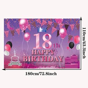 Happy 18th Birthday Backdrop Banner Pink Purple 18th Sign Poster 18 Birthday Party Supplies for Anniversary Photo Booth Photography Background Birthday Party Decorations, 72.8 x 43.3 Inch