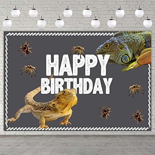 Lizard Happy Birthday Banner Backdrop Realistic Reptile Swamp Chameleon Animal Theme Supplies Decorations Decor for Wide One Safari Baby Shower 1st Birthday Party Favors Photo Booth Props Background