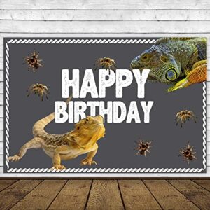 Lizard Happy Birthday Banner Backdrop Realistic Reptile Swamp Chameleon Animal Theme Supplies Decorations Decor for Wide One Safari Baby Shower 1st Birthday Party Favors Photo Booth Props Background