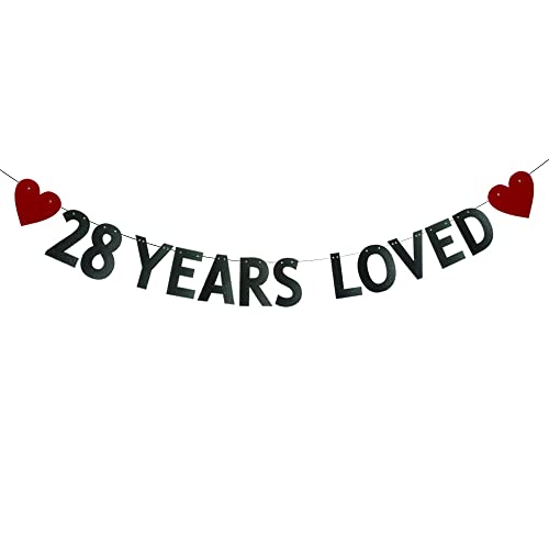 28 YEARS LOVED Banner，Pre-strung，28th Birthday / Wedding Anniversary Party Decorations Supplies，Black Glitter Paper Garlands Backdrops, Letters Black Betteryanzi