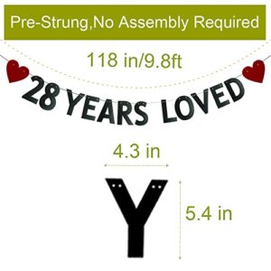 28 YEARS LOVED Banner，Pre-strung，28th Birthday / Wedding Anniversary Party Decorations Supplies，Black Glitter Paper Garlands Backdrops, Letters Black Betteryanzi