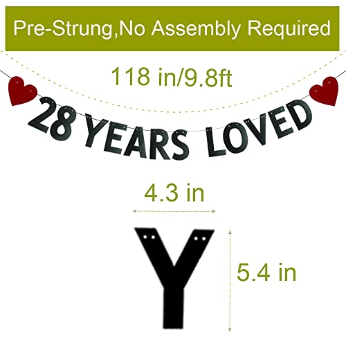 28 YEARS LOVED Banner，Pre-strung，28th Birthday / Wedding Anniversary Party Decorations Supplies，Black Glitter Paper Garlands Backdrops, Letters Black Betteryanzi