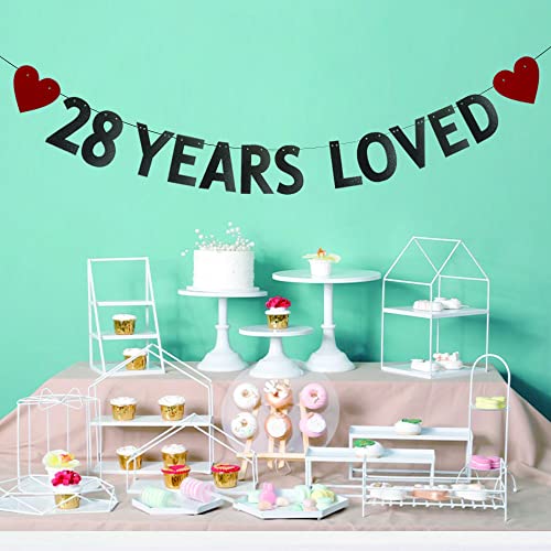 28 YEARS LOVED Banner，Pre-strung，28th Birthday / Wedding Anniversary Party Decorations Supplies，Black Glitter Paper Garlands Backdrops, Letters Black Betteryanzi