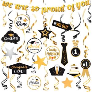 graduation party decorations 2023, 31pcs graduation party supplies graduation stuff hanging swirls ceiling decor and string graduation banner for elementary 8th grade high school college black and gold class of 2023 congrats decorations grad decor (gradua