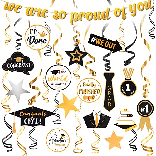 Graduation Party Decorations 2023, 31PCS Graduation Party Supplies Graduation Stuff Hanging Swirls Ceiling Decor And String Graduation Banner for Elementary 8th Grade High School College Black And Gold Class Of 2023 Congrats Decorations Grad Decor (Gradua