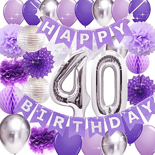 40th Birthday Party Decorations for Women Purple Silver Happy Birthday Banner Latex Balloons 40th Birthday Party Supplies/Purple 40th Birthday Decorations for Women