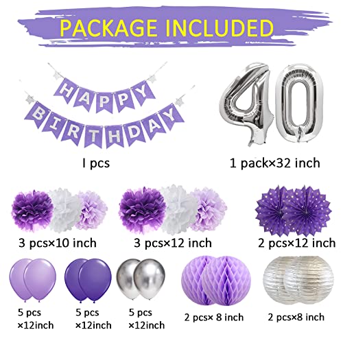 40th Birthday Party Decorations for Women Purple Silver Happy Birthday Banner Latex Balloons 40th Birthday Party Supplies/Purple 40th Birthday Decorations for Women