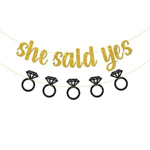 belrew she said yes banner, wedding, engagement party decor, bridal shower party decoration supplies, glittery gold & black