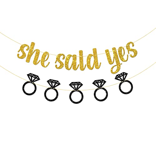 Belrew She Said Yes Banner, Wedding, Engagement Party Decor, Bridal Shower Party Decoration Supplies, Glittery Gold & Black