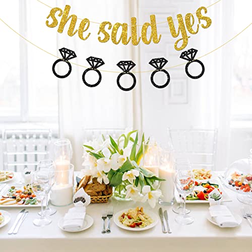 Belrew She Said Yes Banner, Wedding, Engagement Party Decor, Bridal Shower Party Decoration Supplies, Glittery Gold & Black