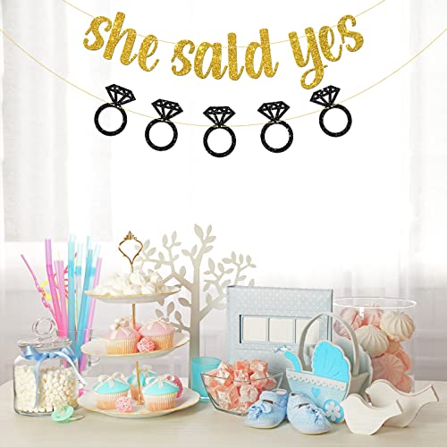 Belrew She Said Yes Banner, Wedding, Engagement Party Decor, Bridal Shower Party Decoration Supplies, Glittery Gold & Black