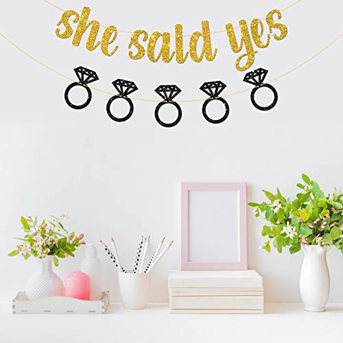 Belrew She Said Yes Banner, Wedding, Engagement Party Decor, Bridal Shower Party Decoration Supplies, Glittery Gold & Black