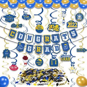 kortes 2022 blue and gold graduation decorations kit, congrats grad banner hanging swirls graduations confetti balloons for blue and gold grad graduation party decorations supplies
