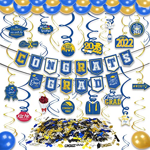 kortes 2022 Blue and Gold Graduation Decorations Kit, Congrats Grad Banner Hanging Swirls Graduations Confetti Balloons for Blue and Gold Grad Graduation Party Decorations Supplies