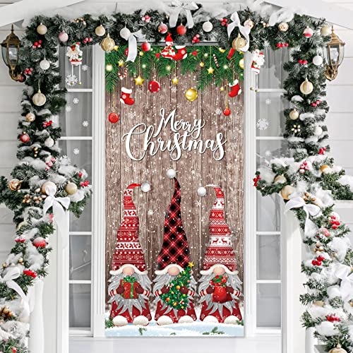 Christmas Door Cover Decorations Merry Christmas Front Door Cover Christmas Door Banner Fabric Glitter Wood Props Xmas Snowflake Hanging Door Wrap for Photo Booth Props Party (Gnome Style)