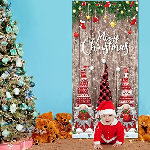 Christmas Door Cover Decorations Merry Christmas Front Door Cover Christmas Door Banner Fabric Glitter Wood Props Xmas Snowflake Hanging Door Wrap for Photo Booth Props Party (Gnome Style)