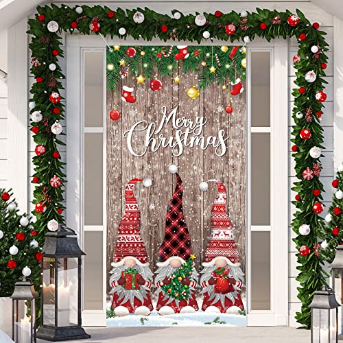 Christmas Door Cover Decorations Merry Christmas Front Door Cover Christmas Door Banner Fabric Glitter Wood Props Xmas Snowflake Hanging Door Wrap for Photo Booth Props Party (Gnome Style)