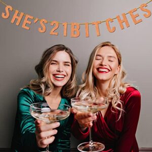 She's 21 Bitches Banner, Rose Gold 21 Birthday Decorations for Her, 21st Birthday Decoration, 21st Birthday Party Supplies, 21 Years Old Birthday Gifts for Her, No Installation