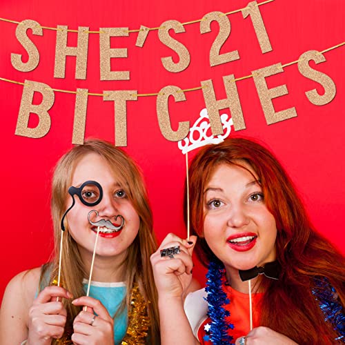 She's 21 Bitches Banner, Rose Gold 21 Birthday Decorations for Her, 21st Birthday Decoration, 21st Birthday Party Supplies, 21 Years Old Birthday Gifts for Her, No Installation