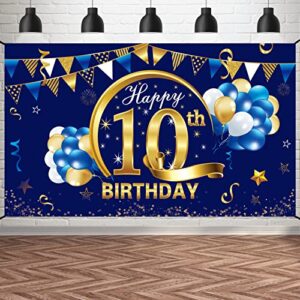 happy 10 year old birthday banner decorations for boy – blue gold 10 birthday backdrop party supplies – 10th birthday poster photo background sign decor