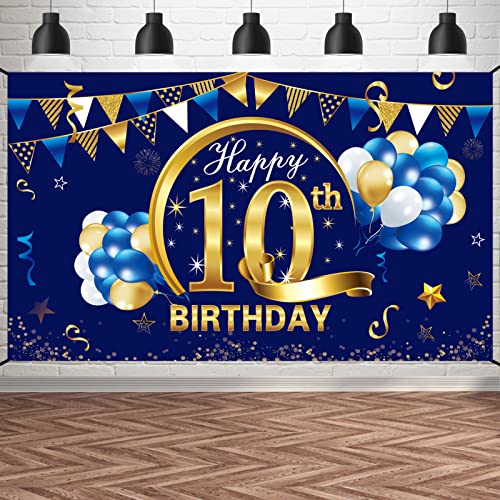 Happy 10 Year Old Birthday Banner Decorations for Boy - Blue Gold 10 Birthday Backdrop Party Supplies - 10th Birthday Poster Photo Background Sign Decor