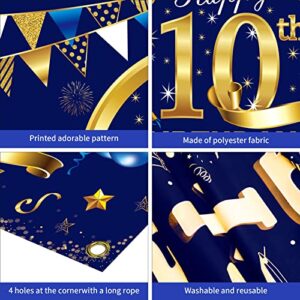 Happy 10 Year Old Birthday Banner Decorations for Boy - Blue Gold 10 Birthday Backdrop Party Supplies - 10th Birthday Poster Photo Background Sign Decor