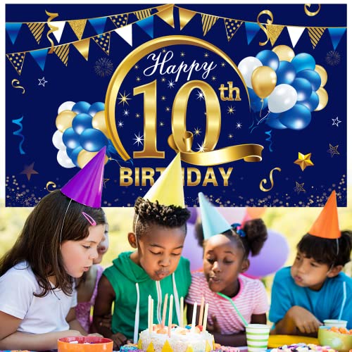 Happy 10 Year Old Birthday Banner Decorations for Boy - Blue Gold 10 Birthday Backdrop Party Supplies - 10th Birthday Poster Photo Background Sign Decor