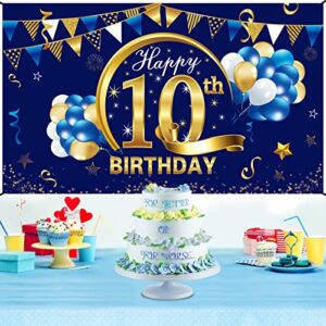 Happy 10 Year Old Birthday Banner Decorations for Boy - Blue Gold 10 Birthday Backdrop Party Supplies - 10th Birthday Poster Photo Background Sign Decor