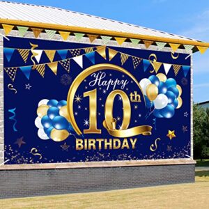 Happy 10 Year Old Birthday Banner Decorations for Boy - Blue Gold 10 Birthday Backdrop Party Supplies - 10th Birthday Poster Photo Background Sign Decor