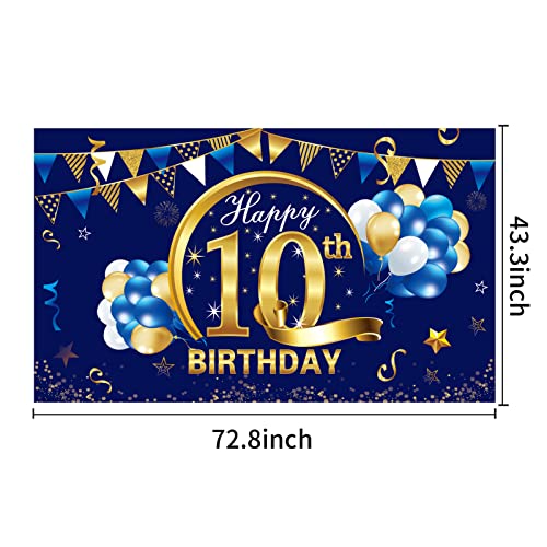 Happy 10 Year Old Birthday Banner Decorations for Boy - Blue Gold 10 Birthday Backdrop Party Supplies - 10th Birthday Poster Photo Background Sign Decor