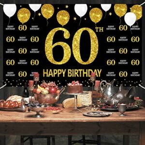 60th Birthday Decorations Happy 60th Birthday Banner for Men Women, Black Gold 60 Birthday Backdrop Sign Party Supplies, Sixty Birthday Photo Booth Background Decor for Outdoor Indoor