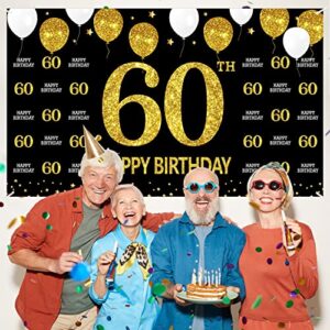 60th Birthday Decorations Happy 60th Birthday Banner for Men Women, Black Gold 60 Birthday Backdrop Sign Party Supplies, Sixty Birthday Photo Booth Background Decor for Outdoor Indoor