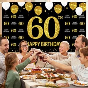 60th Birthday Decorations Happy 60th Birthday Banner for Men Women, Black Gold 60 Birthday Backdrop Sign Party Supplies, Sixty Birthday Photo Booth Background Decor for Outdoor Indoor