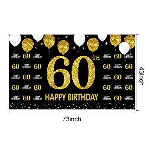 60th Birthday Decorations Happy 60th Birthday Banner for Men Women, Black Gold 60 Birthday Backdrop Sign Party Supplies, Sixty Birthday Photo Booth Background Decor for Outdoor Indoor