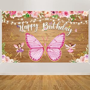 butterfly birthday banner backdrop decorations for girls women, fairy themed happy birthday backdrop sign party supplies, 10th 16th 21st 30th 40th 50th pink flower bday background decor