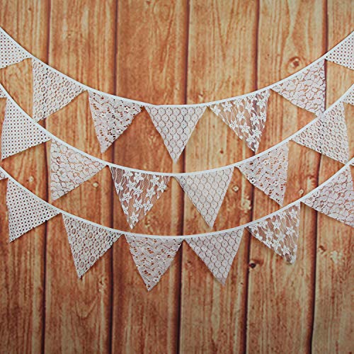 INFEI 3.2M/10.5Ft Mixed White Floral Lace Fabric Flags Bunting Banner Garlands for Wedding, Birthday Party, Outdoor & Home Decoration (Off-White)