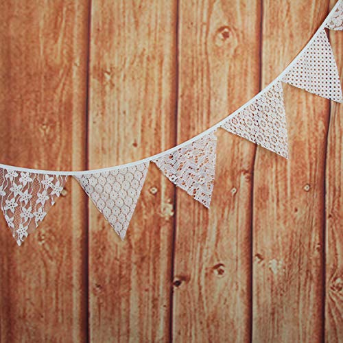 INFEI 3.2M/10.5Ft Mixed White Floral Lace Fabric Flags Bunting Banner Garlands for Wedding, Birthday Party, Outdoor & Home Decoration (Off-White)